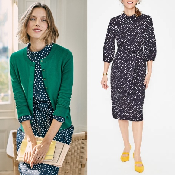 BODEN Lottie Midi Dress Navy & Ivory Scattered Spot Polka Dot size 10 Long - Picture 1 of 12